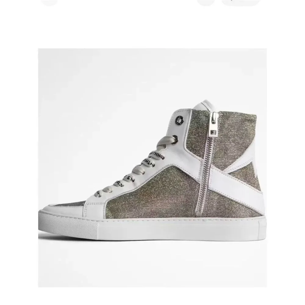 $448 -Zadig & Voltaire ZV1747 High Flash Sneakers Size 36 Hightop Silver Shoes